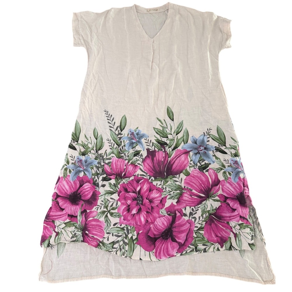 New Collection Italy Linen Floral V-Neck High Low Shift Dress‎ Pink Beige Pocket
